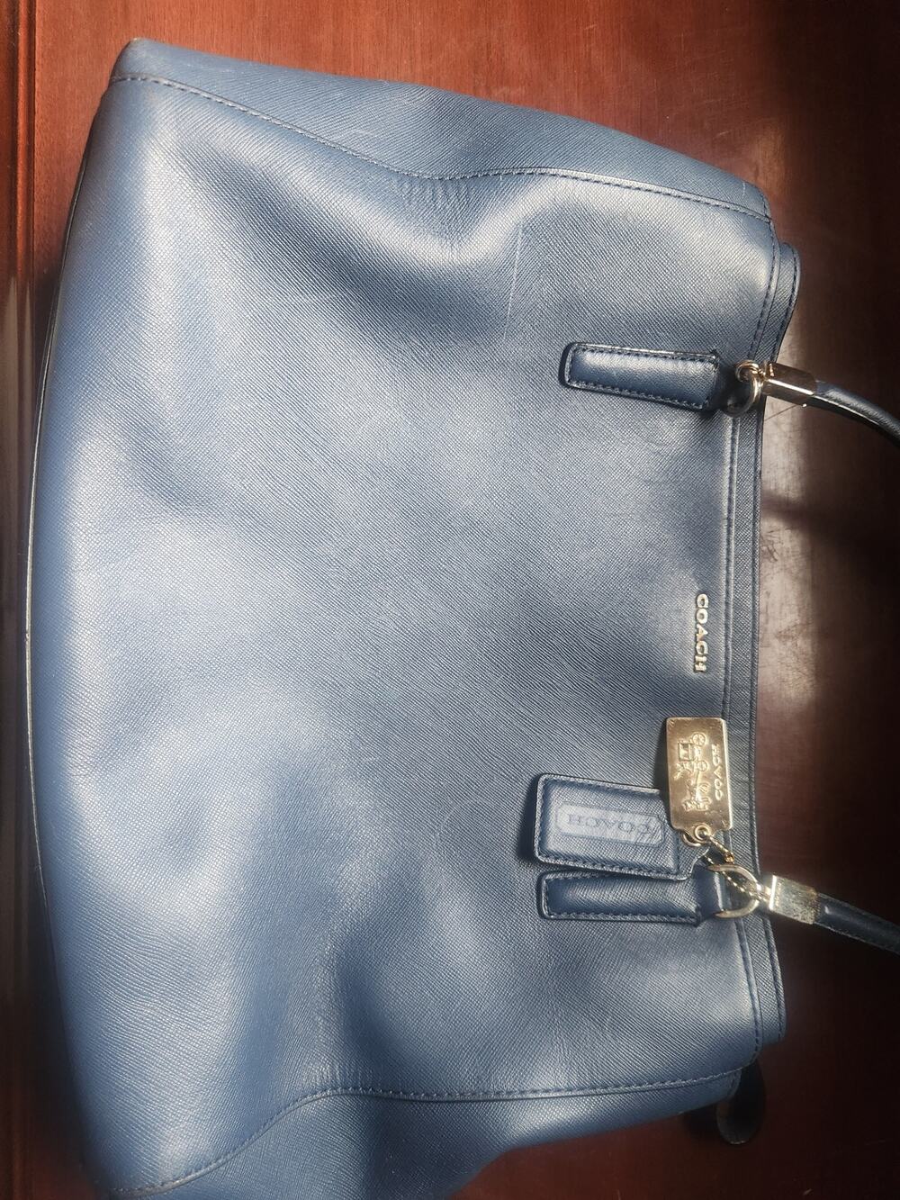 Coach Light Blue Saffiano Leather Satchel Handbag Gold Hardware